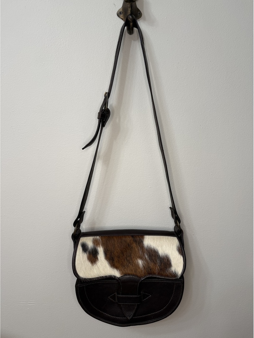 Vintage Colombian Leather & Hair-On Hide Saddle Crossbody Purse Boho Western